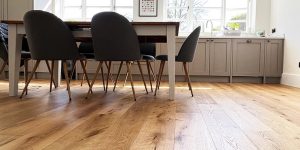 engineered wood flooring in natural coloured oak planks installed in a kitchen space